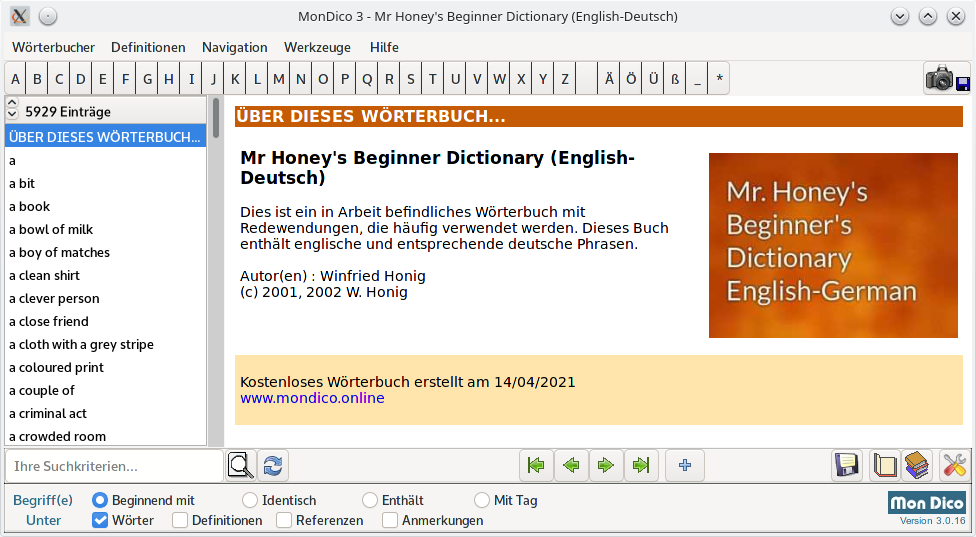 Honey's Beginner Dictionary (English-German)