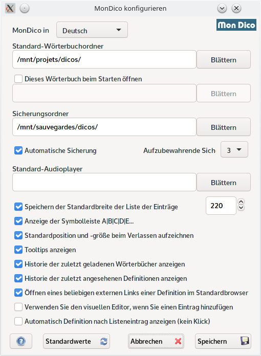 MonDico Konfigurationsdialogfeld
