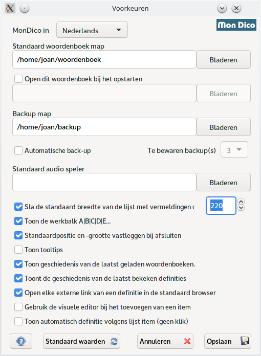 MonDico voorkeuren instellen