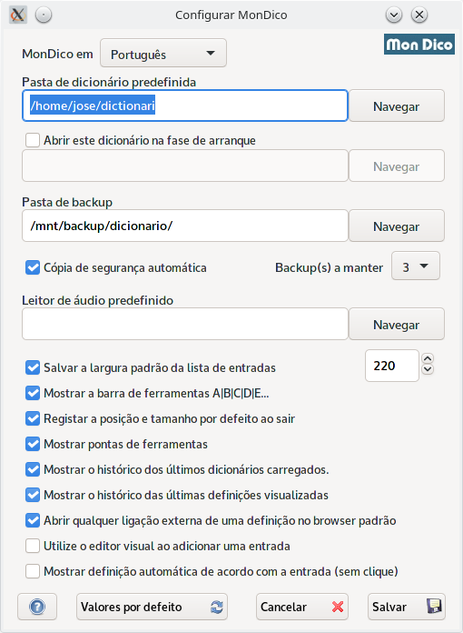 Configure as preferências MonDico